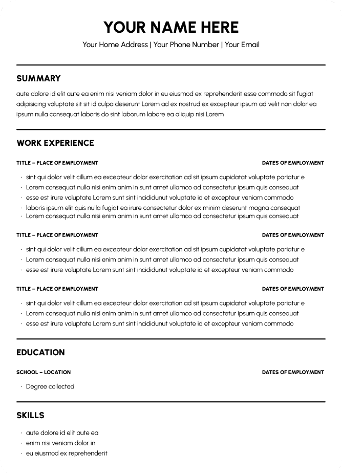 Minimal resume template preview